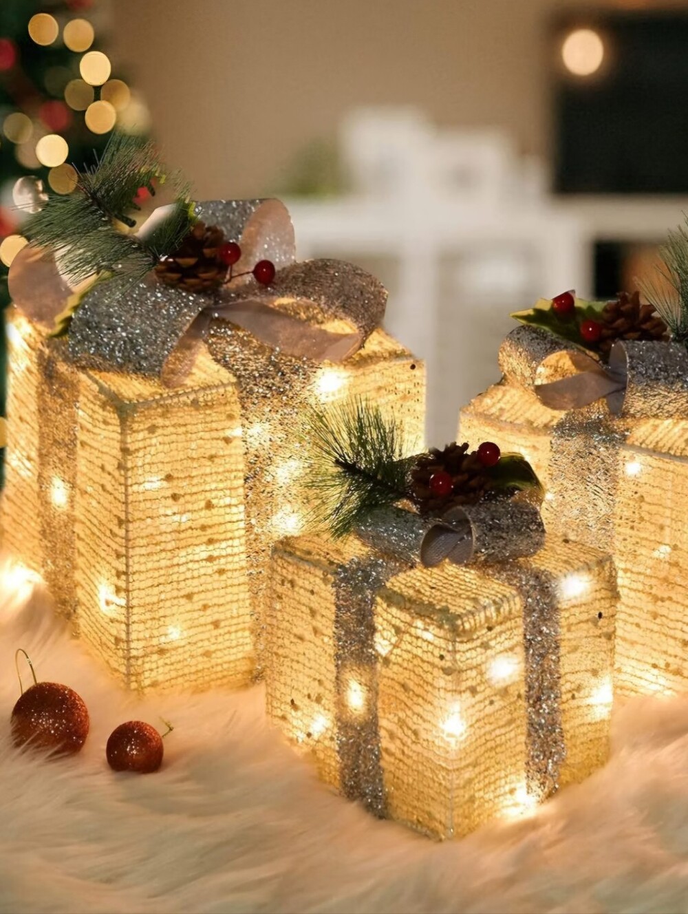 LED Light-Up Decorative Holiday Gift Boxes - Gold. Set of 3. NEW.